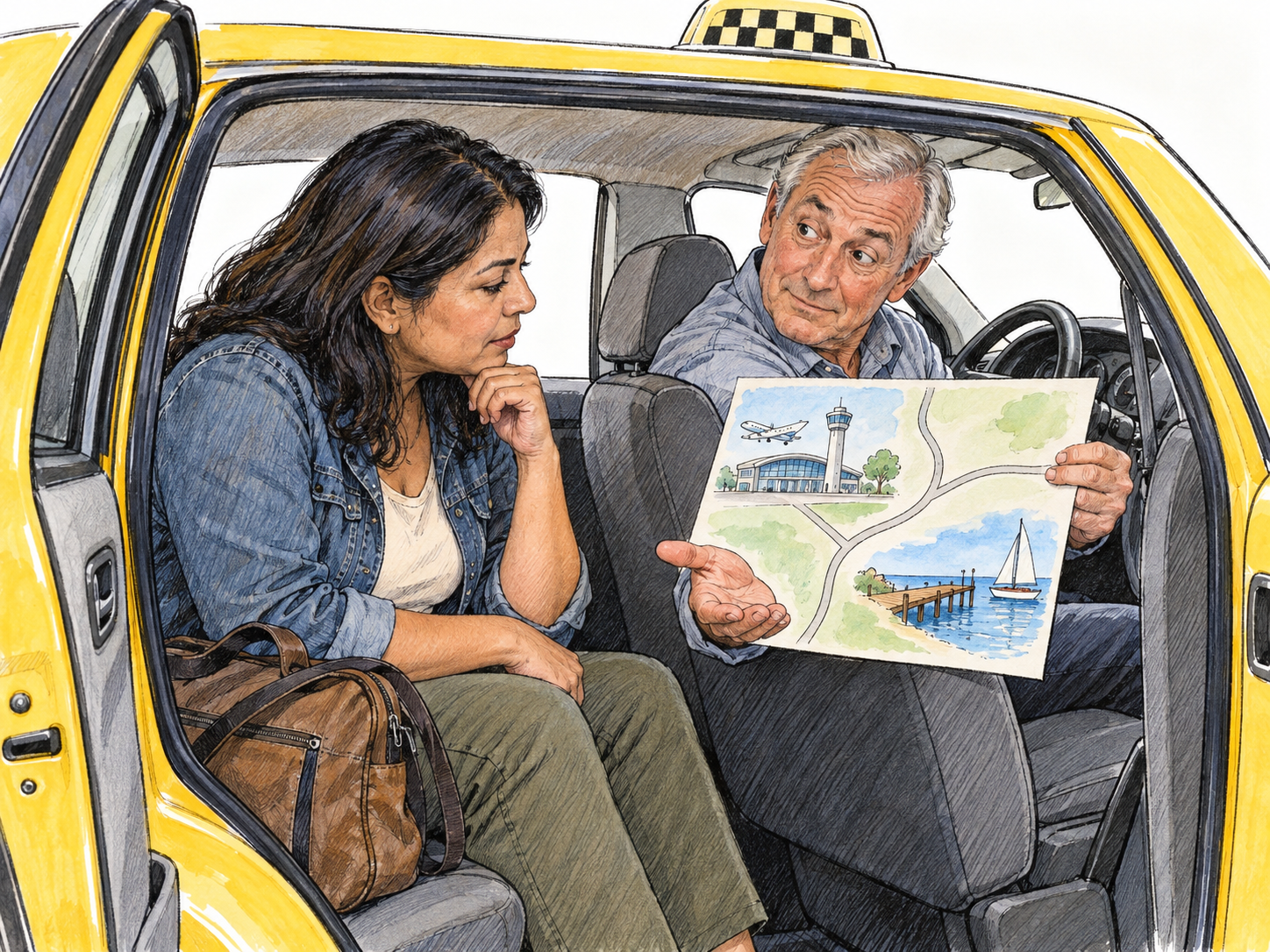A taxi driver asks an arriving traveler where she wishes to go: his questioning expression and open hand connect the passenger and her luggage with two possible destinations on a simple pictorial map.