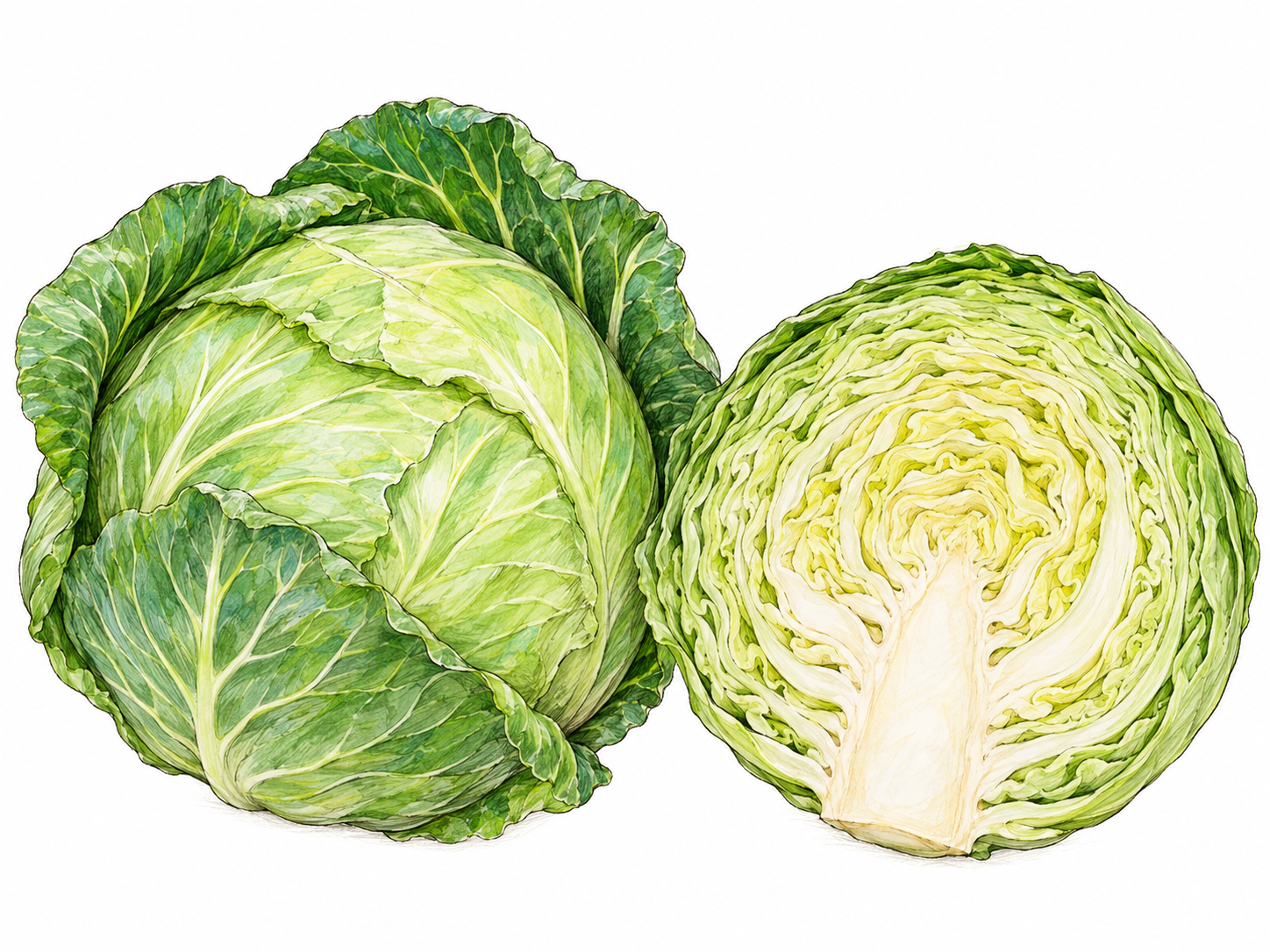 A whole round green cabbage beside a cut half, showing the tightly layered leaves inside.
