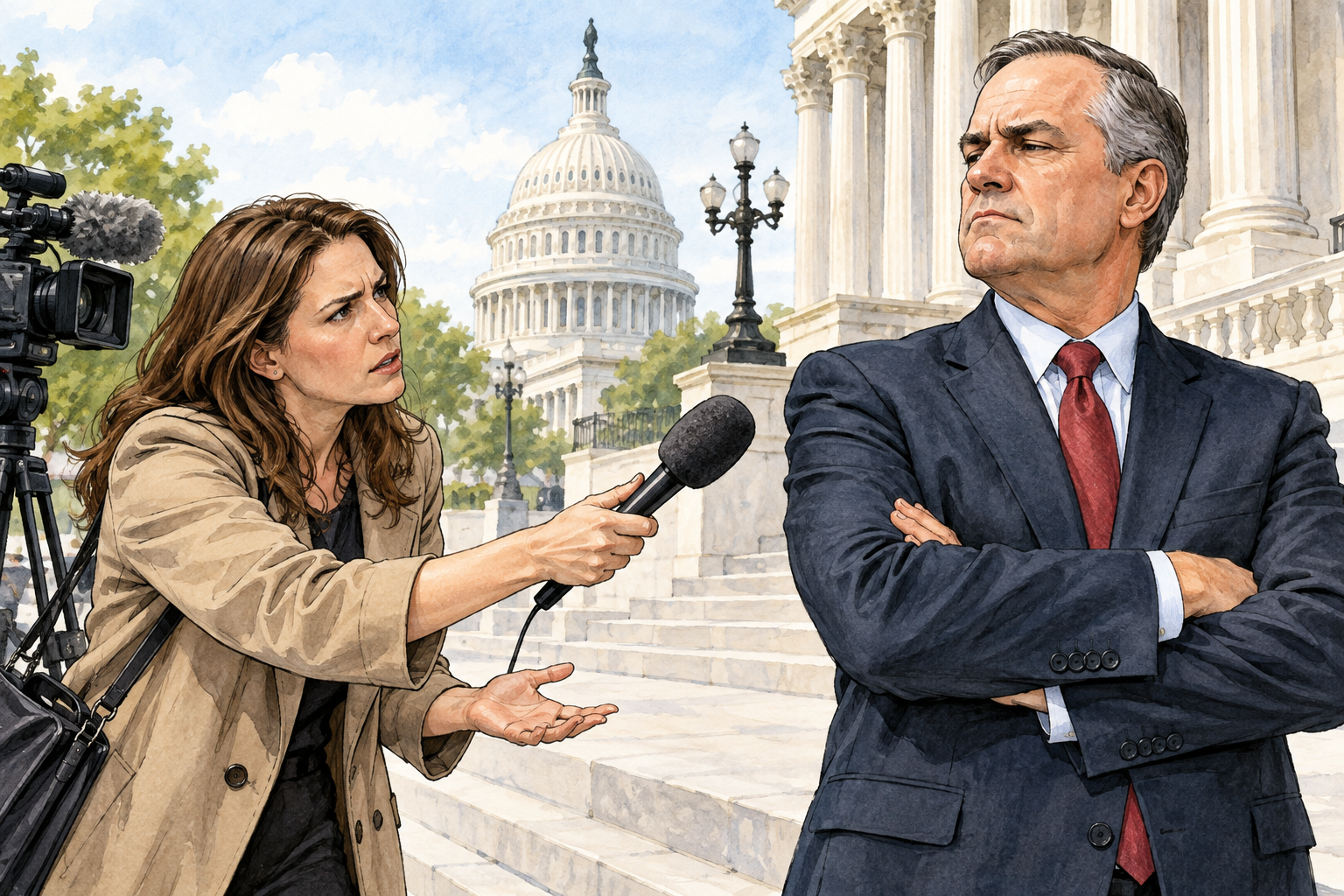 A tight-lipped official folds arms and refuses to respond as a frustrated interviewer holds out a microphone, withholding cooperation, no speech text.