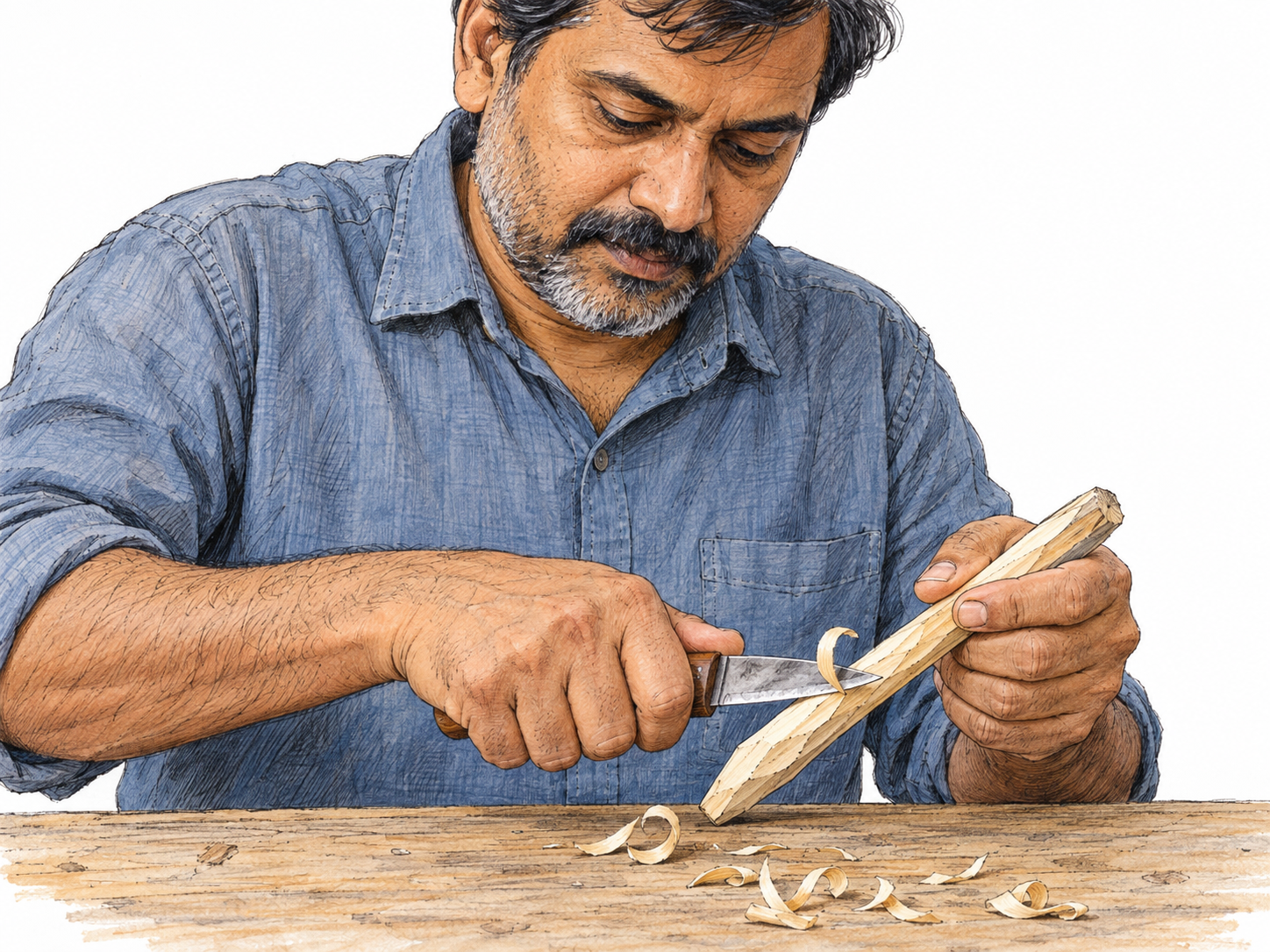 A man whittles a small wooden stick with a short carving knife; a thin shaving curls directly from the blade, and several fresh shavings lie beneath his hands.