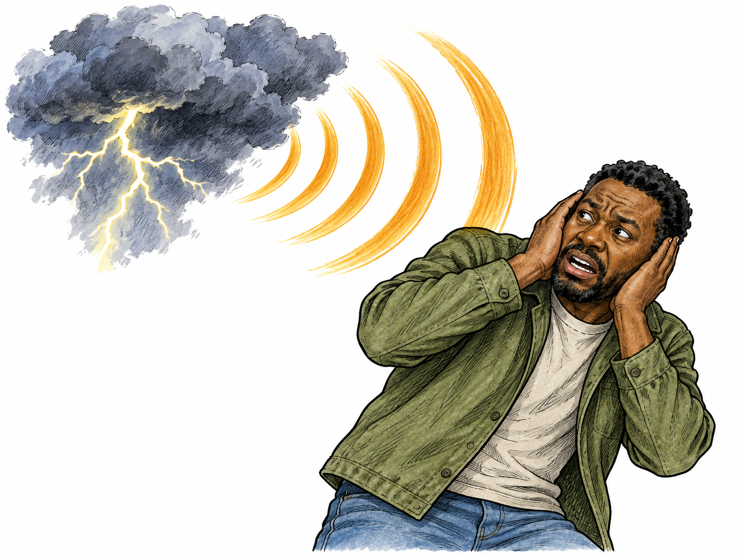 After a distant lightning flash, an adult flinches and covers both ears as broad sound arcs emerge from a dark cloud; thunder distinguished as sound, sparse white surround.
