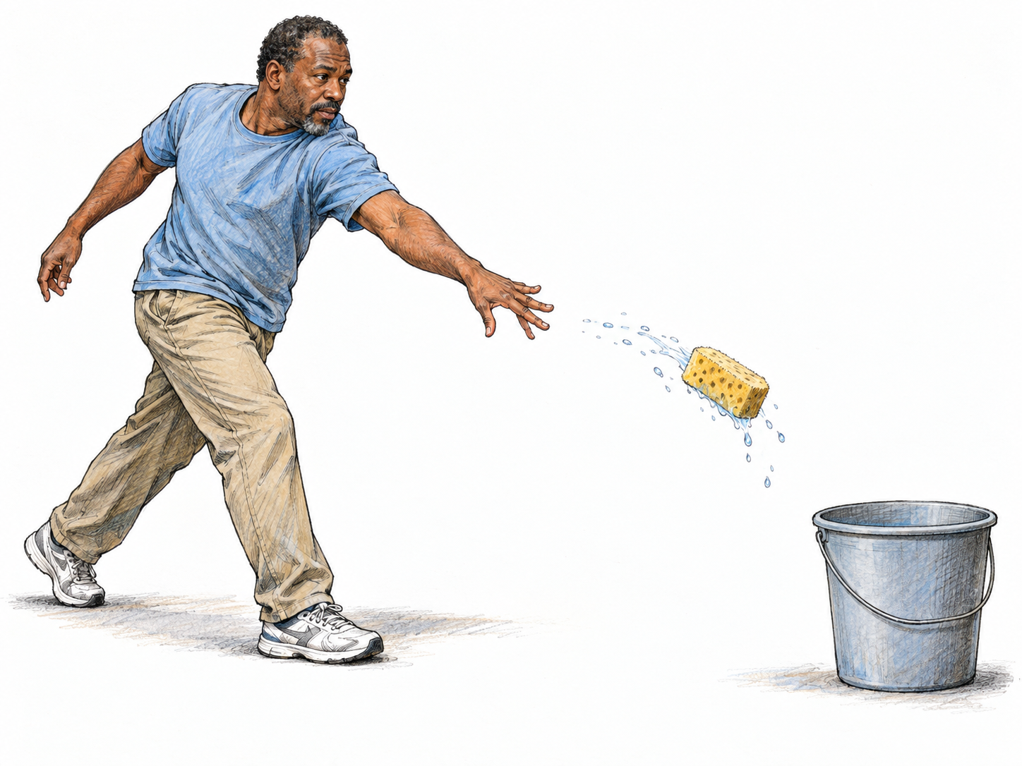 A man flings a wet sponge forcefully into a bucket, caught just after release with an extended throwing arm, a forward-driving stance, and droplets trailing the airborne sponge.