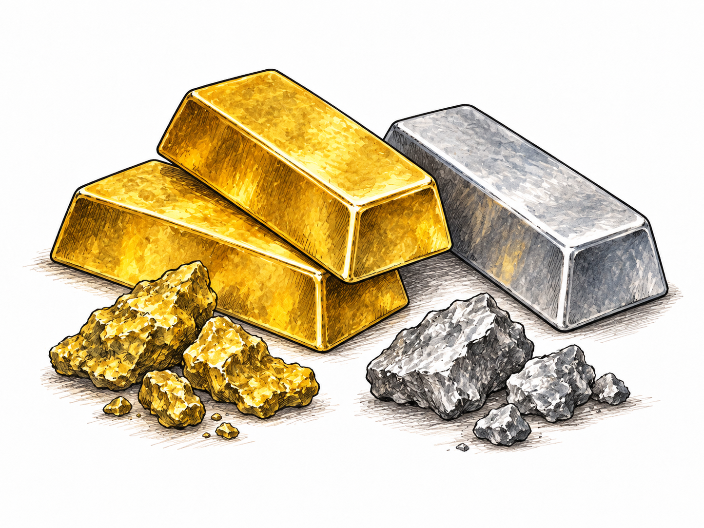 Two plain gold bullion bars and one silver bar rest beside unminted metal pieces; no coins, brand names or serial numbers.