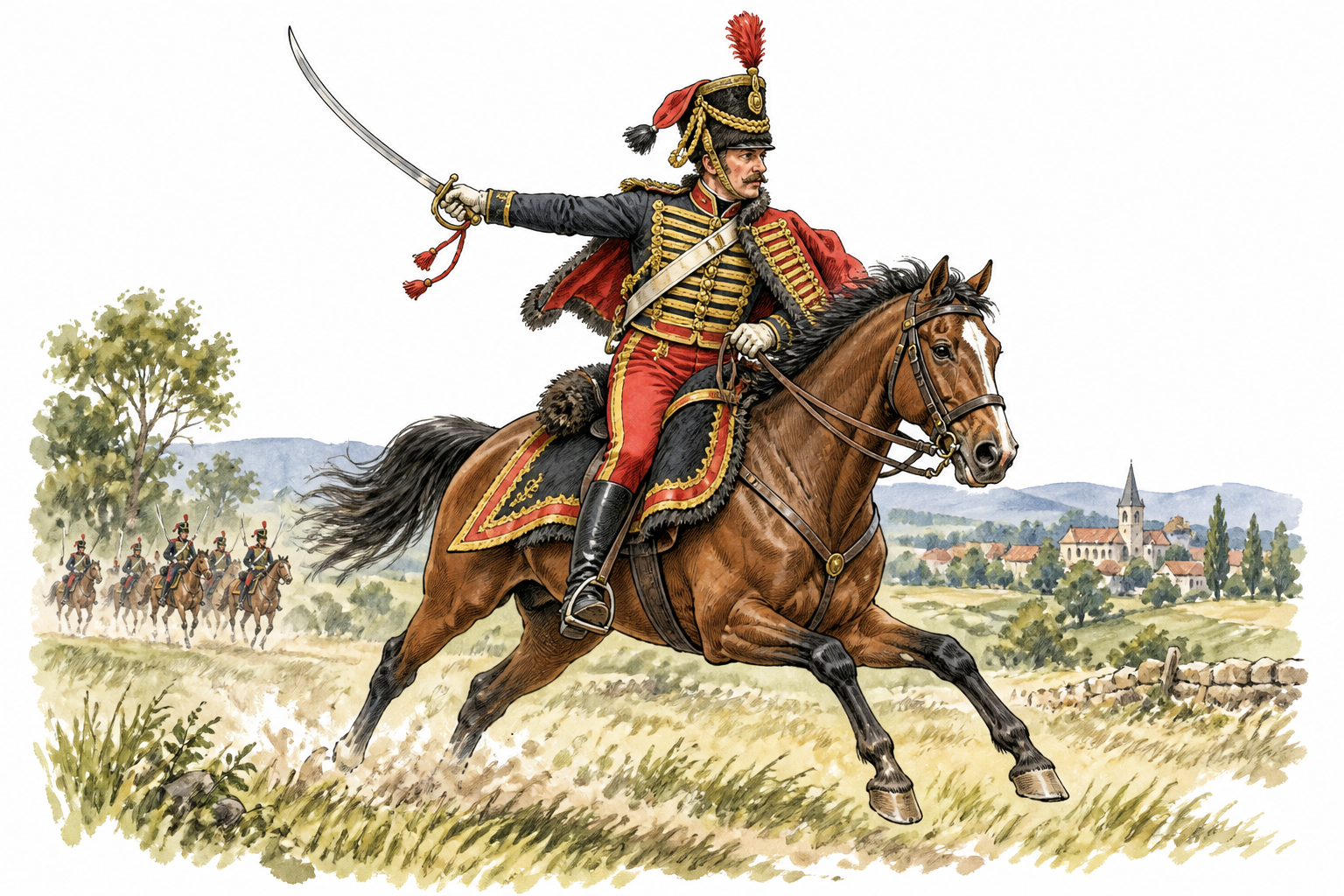 A historically accurate early nineteenth century hussar in braided light-cavalry uniform riding a horse, appropriate European military setting and equipment, realistic horse anatomy, no text.