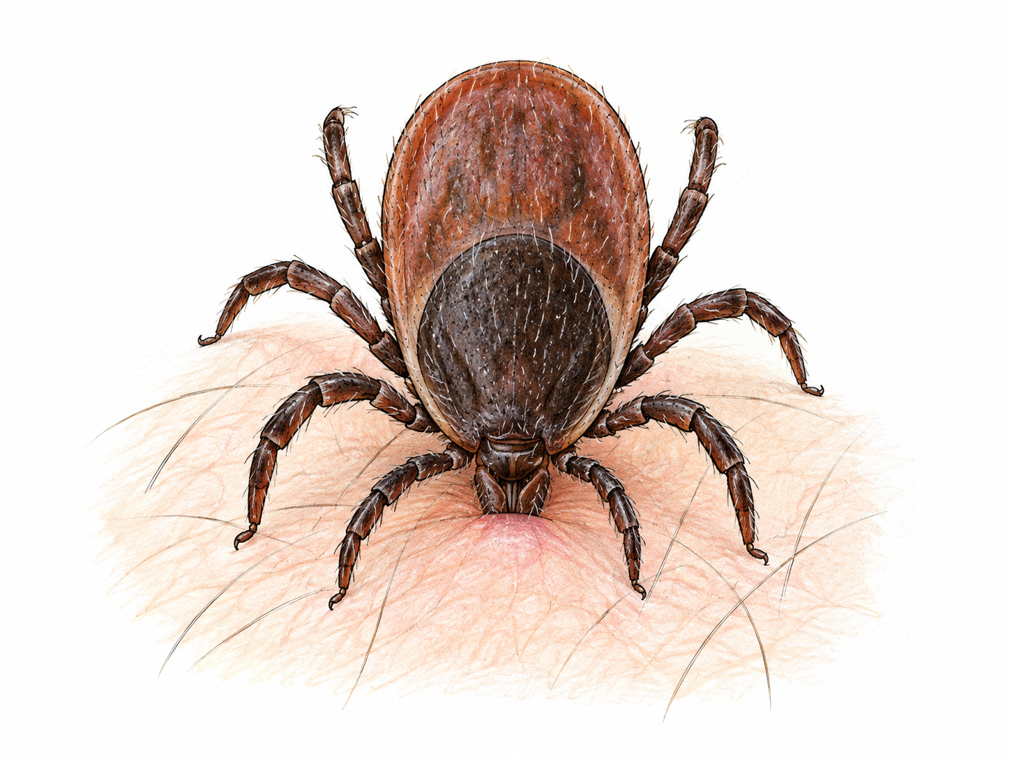 Scientifically recognizable tick in dorsal view on a small pale skin patch, eight legs and oval flattened body with compact mouthparts attached to skin; realistic ink, not insect with six legs, no blood.