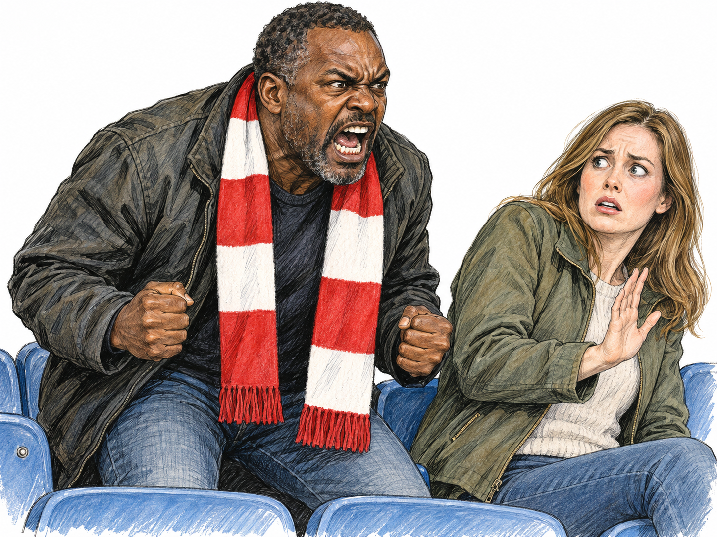 An intensely furious sports spectator lunges forward from his seat, shouting with bared teeth and both fists clenched, while a nearby spectator recoils.