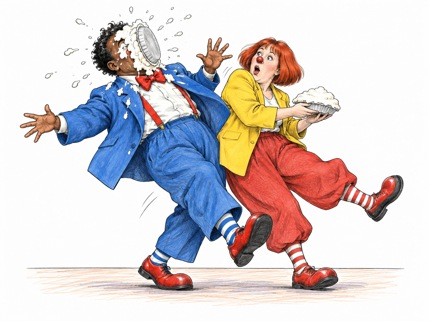 Two adult clowns in plain colorful stage clothes collide harmlessly while carrying foam prop pies; one pie lands on his own face, exaggerated comic surprise, no injury, sparse stage line.