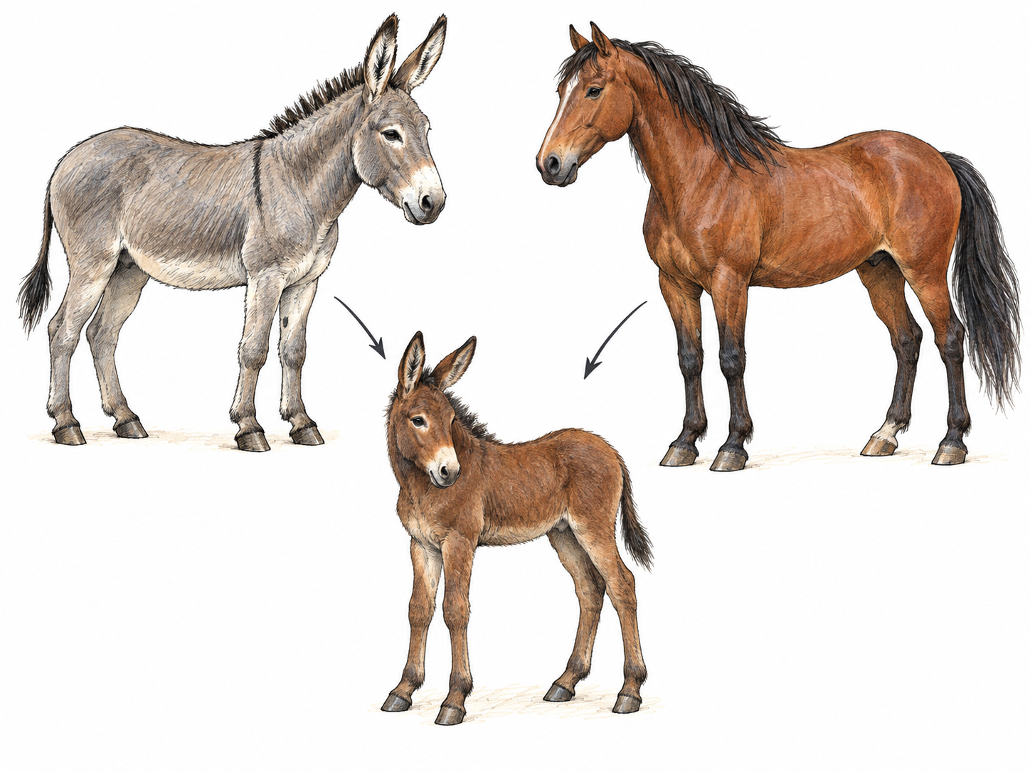 A simple animal-parentage composition: an adult male donkey and an adult horse mare above, with two small converging arrows leading to their mule foal below.