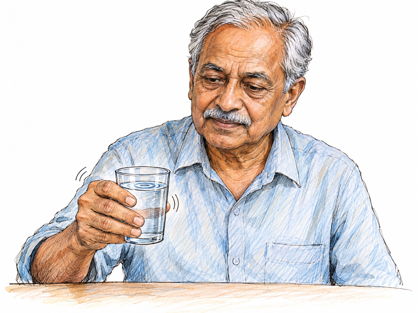 An older South Asian man holds a plain cup just above a tabletop; a slight tremor in his hand creates small ripples in the water.