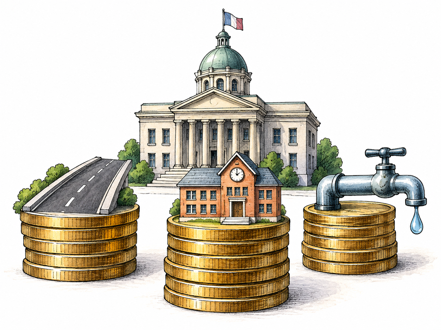 Municipal budget still life: small unlabelled civic-building model beside orderly coin stacks allocated to miniature road, school and water-pipe symbols; government funds rather than personal wealth, no text.