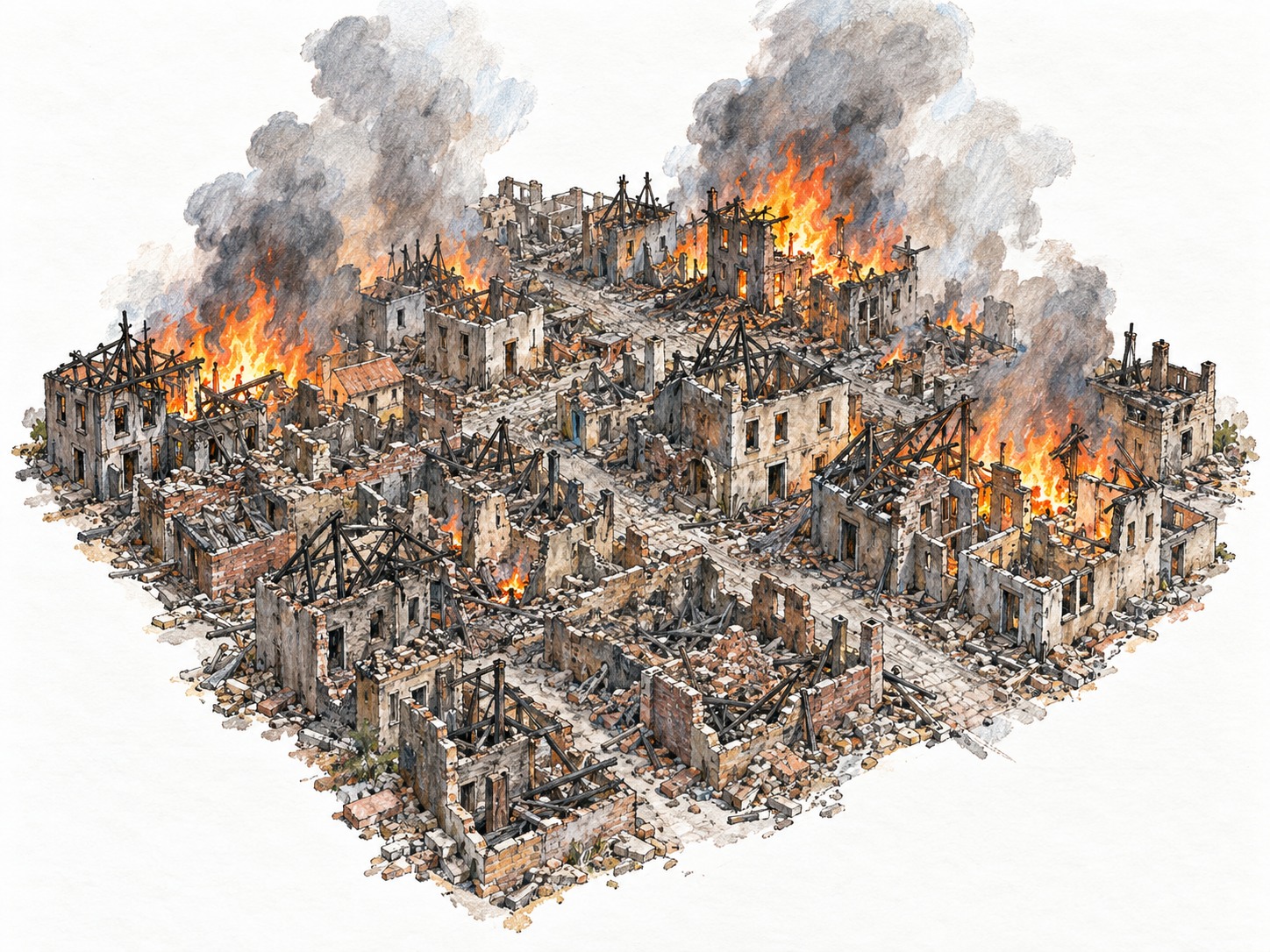 A compact elevated view of multiple city blocks devastated by a sweeping conflagration: collapsed buildings, blackened roofless shells, and active flames across the ruins communicate mass destruction rather than an isolated house fire.