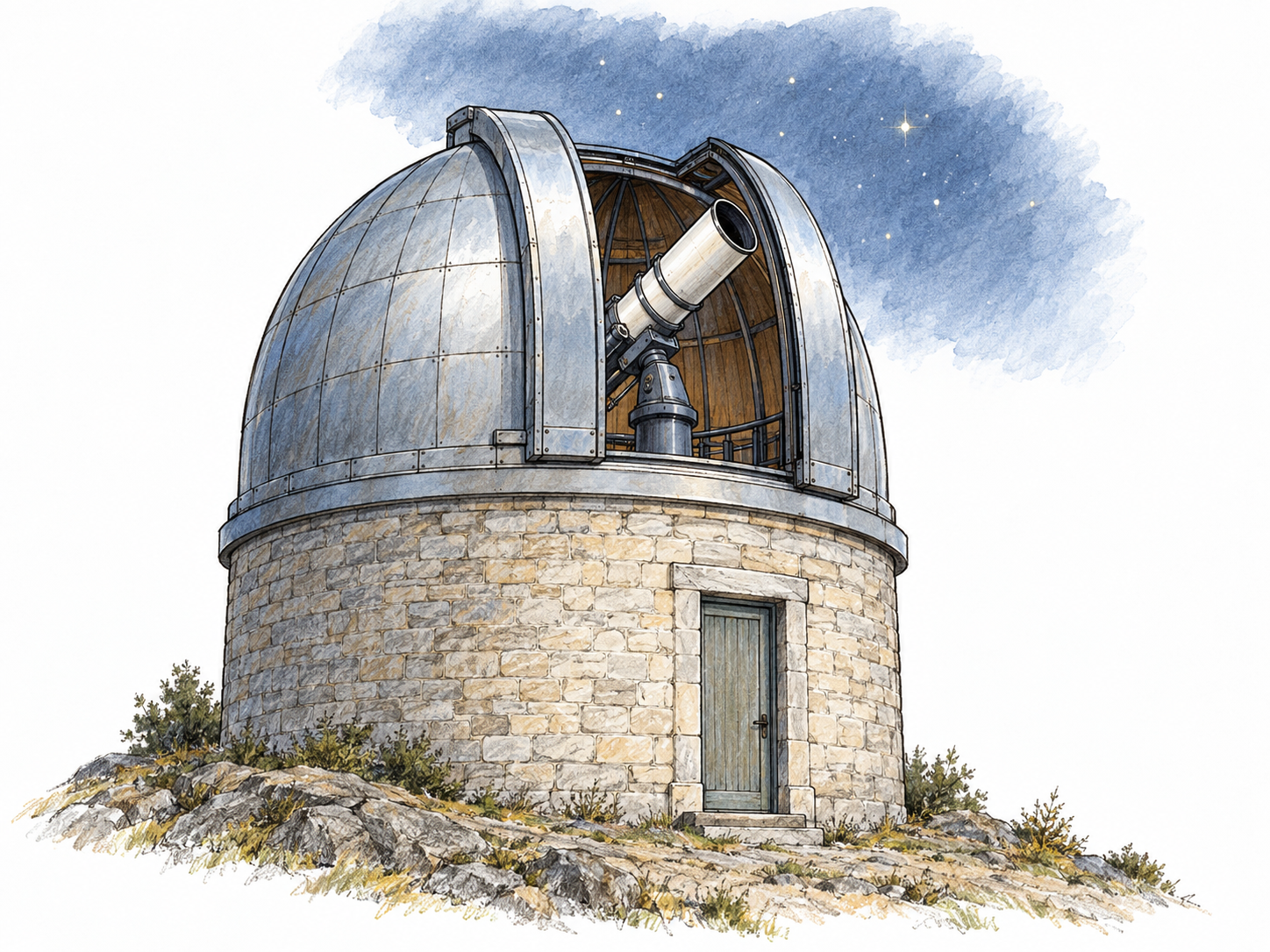 A compact astronomical observatory with an open dome slit exposing a large mounted telescope aimed skyward, making both the building and its specialized observing equipment immediately recognizable.