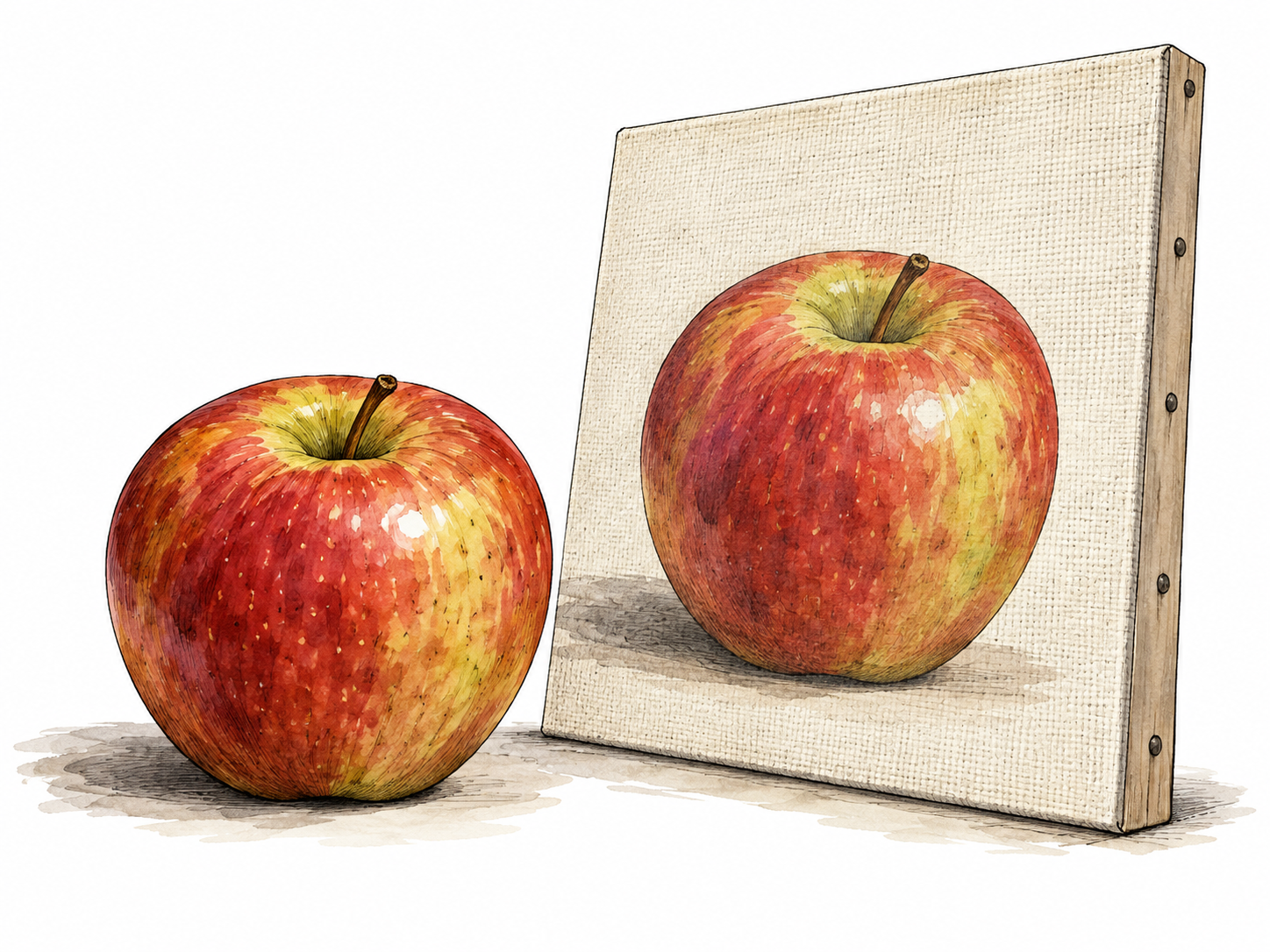 A lifelike painted apple on a flat canvas sits beside a real apple, convincing resemblance revealed by canvas edge.