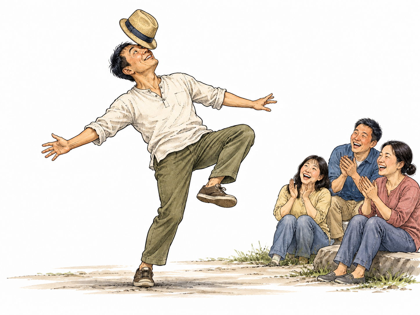 An East Asian adult does a harmless silly balancing act with a hat to amuse friends.