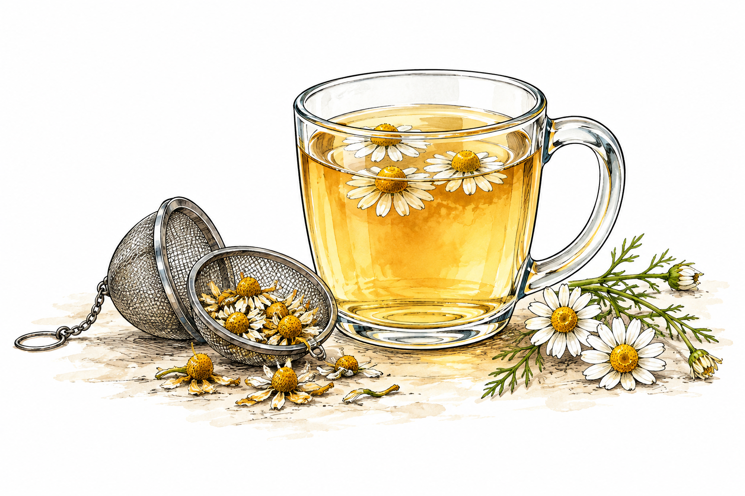 Clear mug of finished chamomile infusion with floating flower heads and tea strainer beside it; no labels.