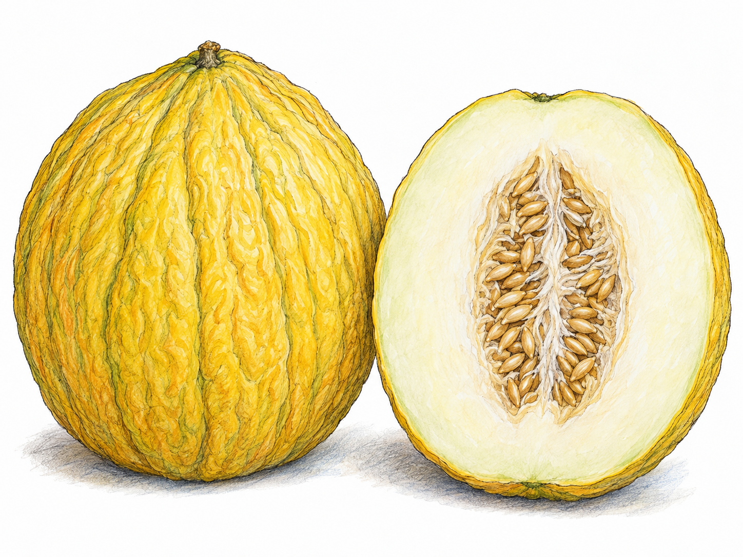 A whole golden-yellow casaba melon beside a cut half showing thick pale cream flesh and a central seed cavity.