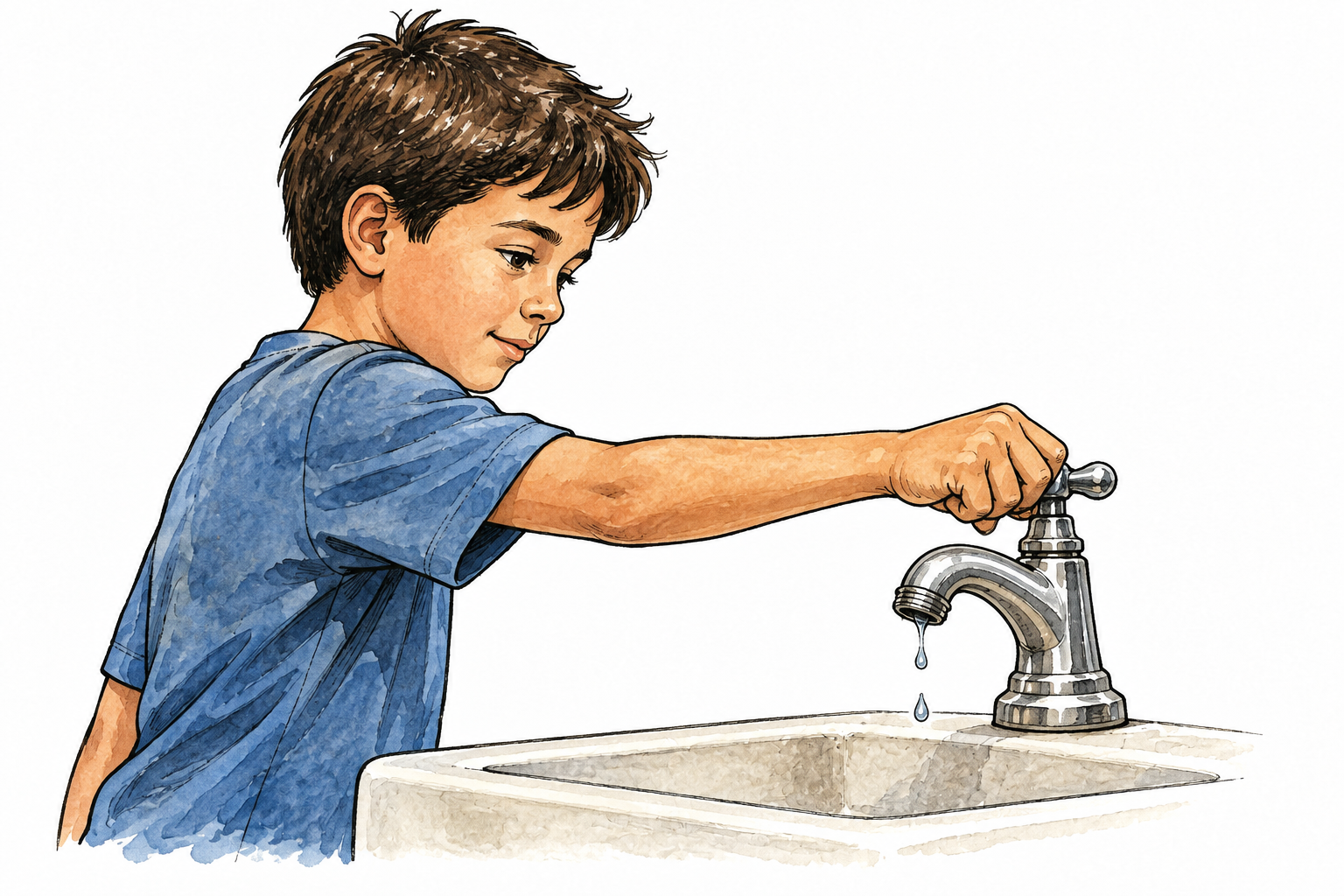 A young boy turns off a dripping faucet firmly to conserve clean water, simple direct scene.