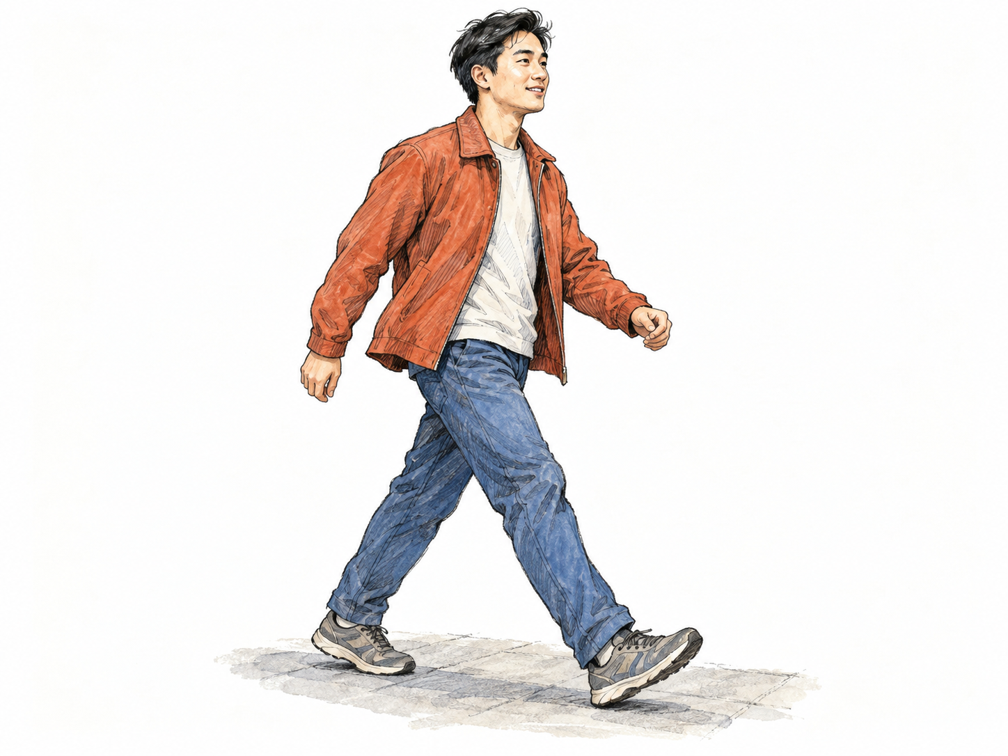 A young man walking briskly: a long purposeful stride, energetic bent-arm swing, upright posture, and an alert, lively expression make the quick pace visible.
