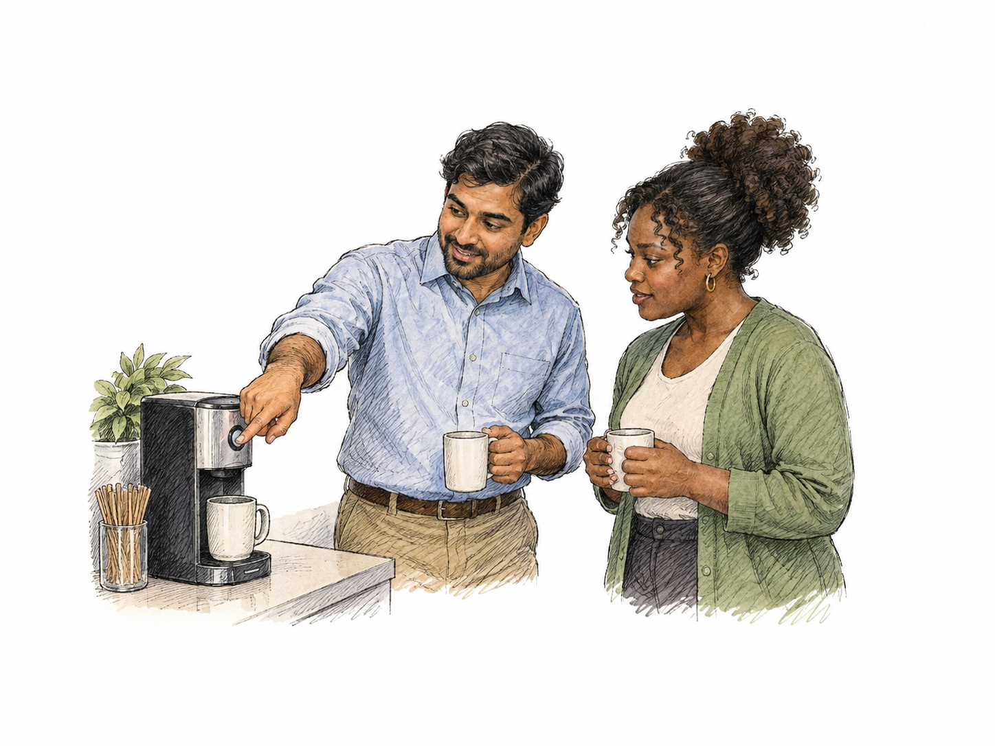 Coworker shows a newcomer how to use a simple office coffee machine, pointing to its single button while newcomer watches, becoming familiar with equipment; no labels.