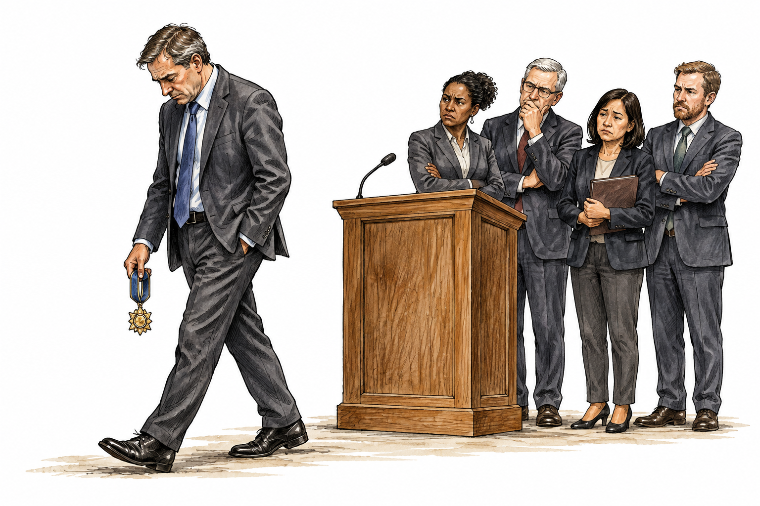 A disgraced official leaves a podium with a withdrawn honorary badge while colleagues express disappointment; no real person.