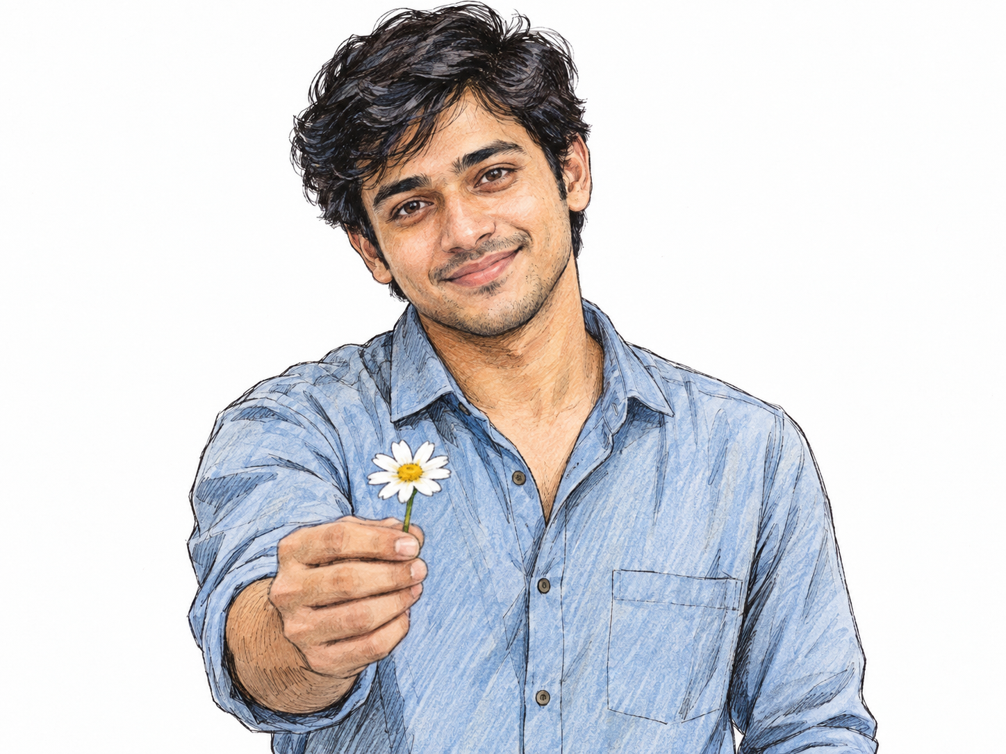 A young man with a softly tilted head and an unguarded, slightly bashful smile offers a single small daisy toward the viewer; his gentle expression and modest gesture convey sweet, innocent charm.