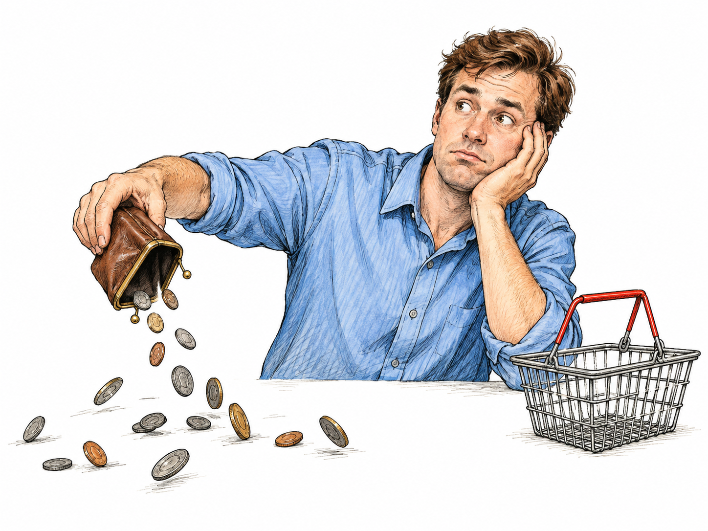 Man carelessly tips purse so coins scatter uselessly away while a small sensible grocery basket sits empty; expression distracted, visible waste of money without glamorous gambling.