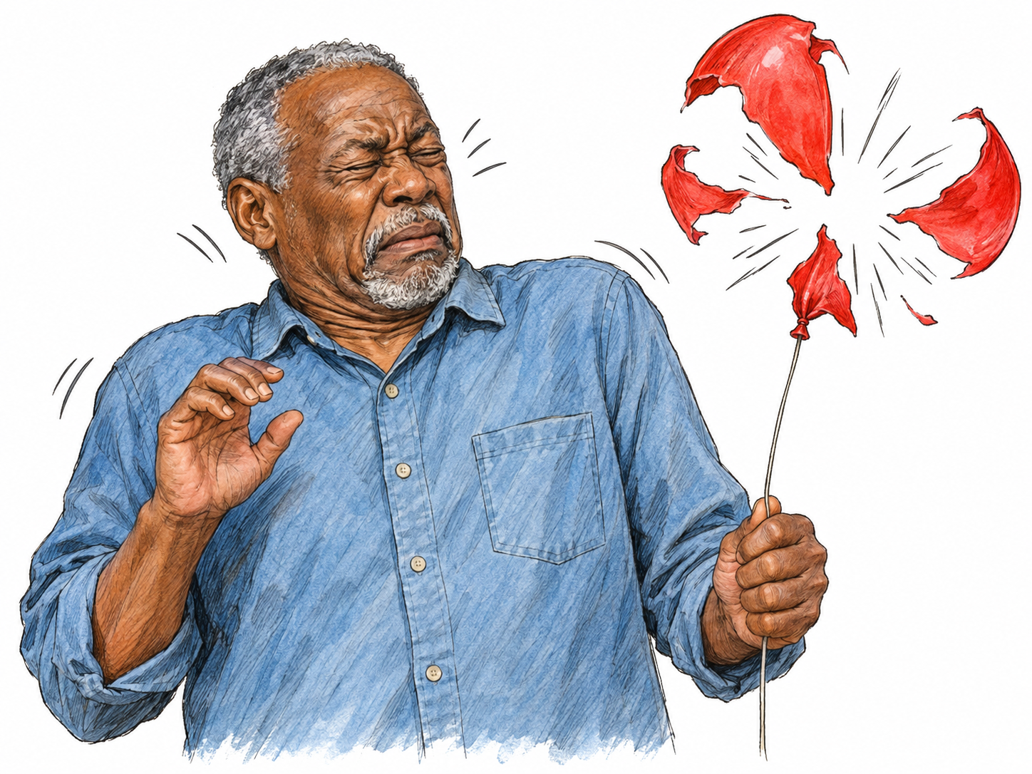 An older man makes a small involuntary recoil as a balloon bursts beside his shoulder: eyes squeezed shut, head drawn slightly back, shoulders briefly raised, and hands only just lifting.