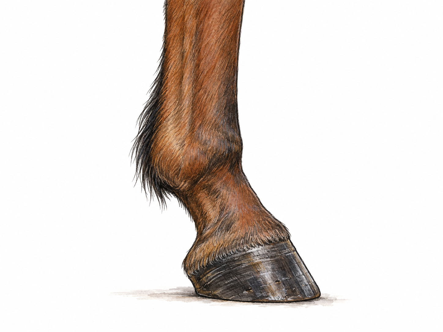 A close side view of a horse's lower leg, with the rounded fetlock joint clearly silhouetted above the sloping pastern and hoof.