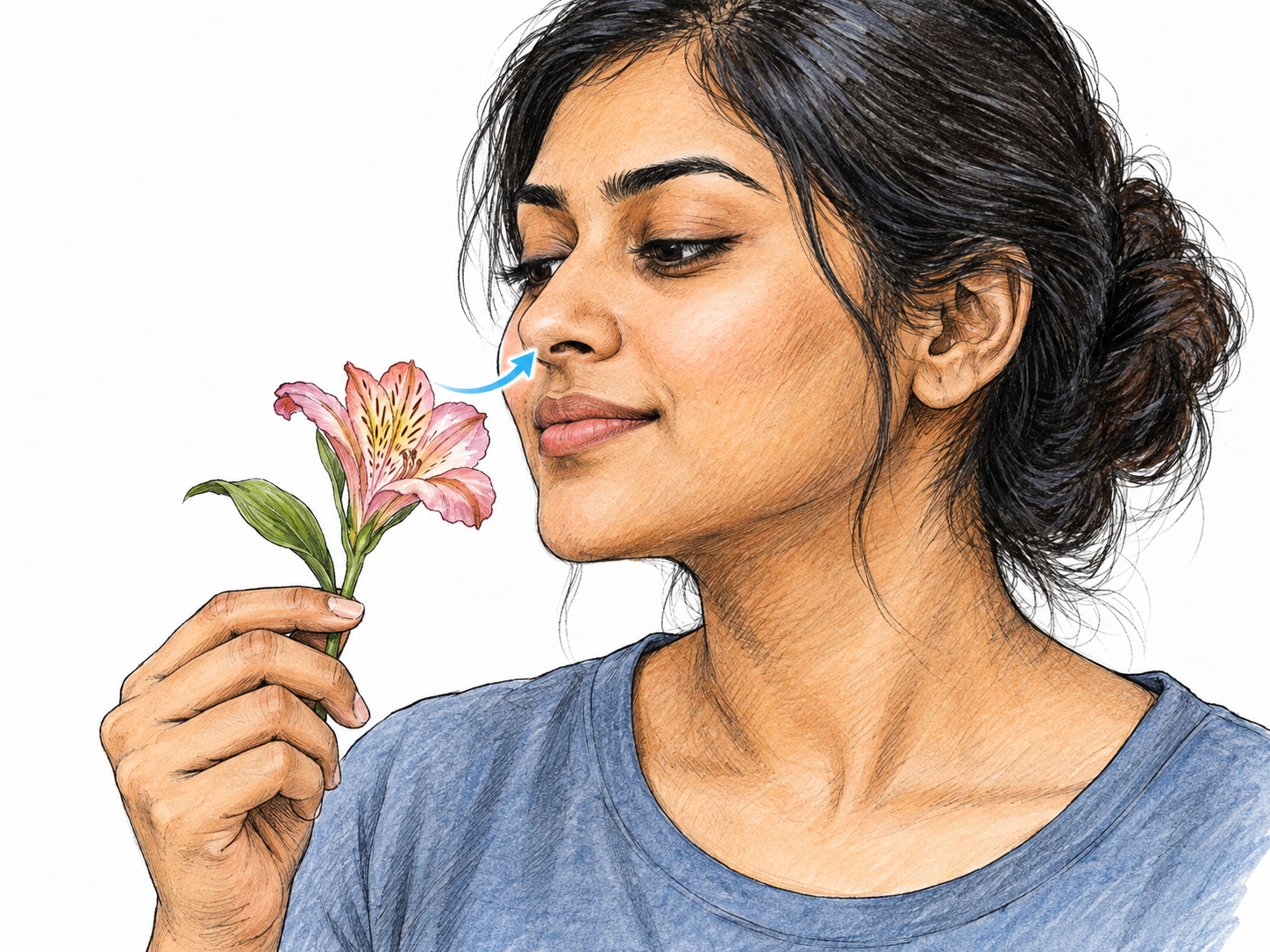 A young woman draws in the scent of a flower held just beneath her nose; a small inward-pointing airflow arrow makes the direction of breathing explicit.