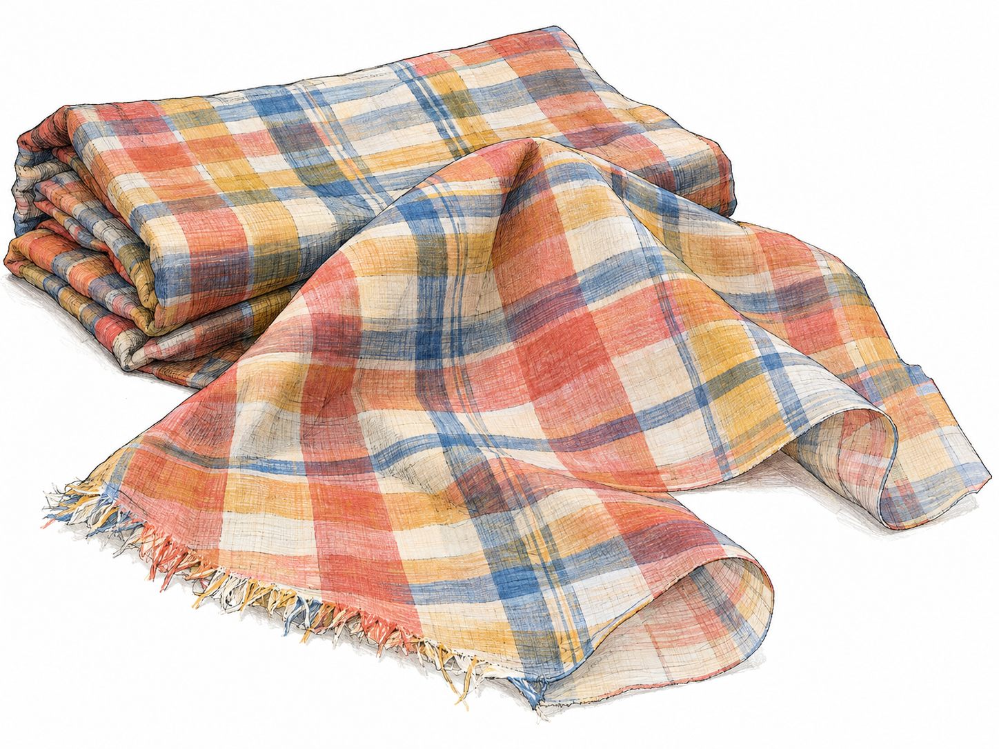 A loose length of lightweight cotton madras cloth, partly folded and partly draped, with a clear multicolored woven plaid.