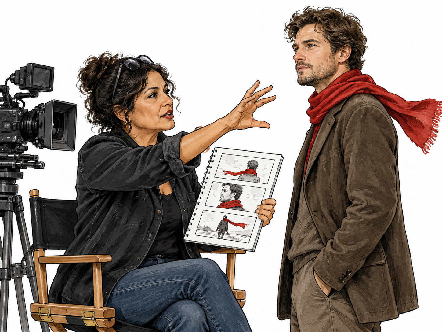 A film director composes a scene using a personal storyboard whose small pictures share a distinctive red scarf motif with the actor being filmed; deliberate artistic signature, no storyboard text.