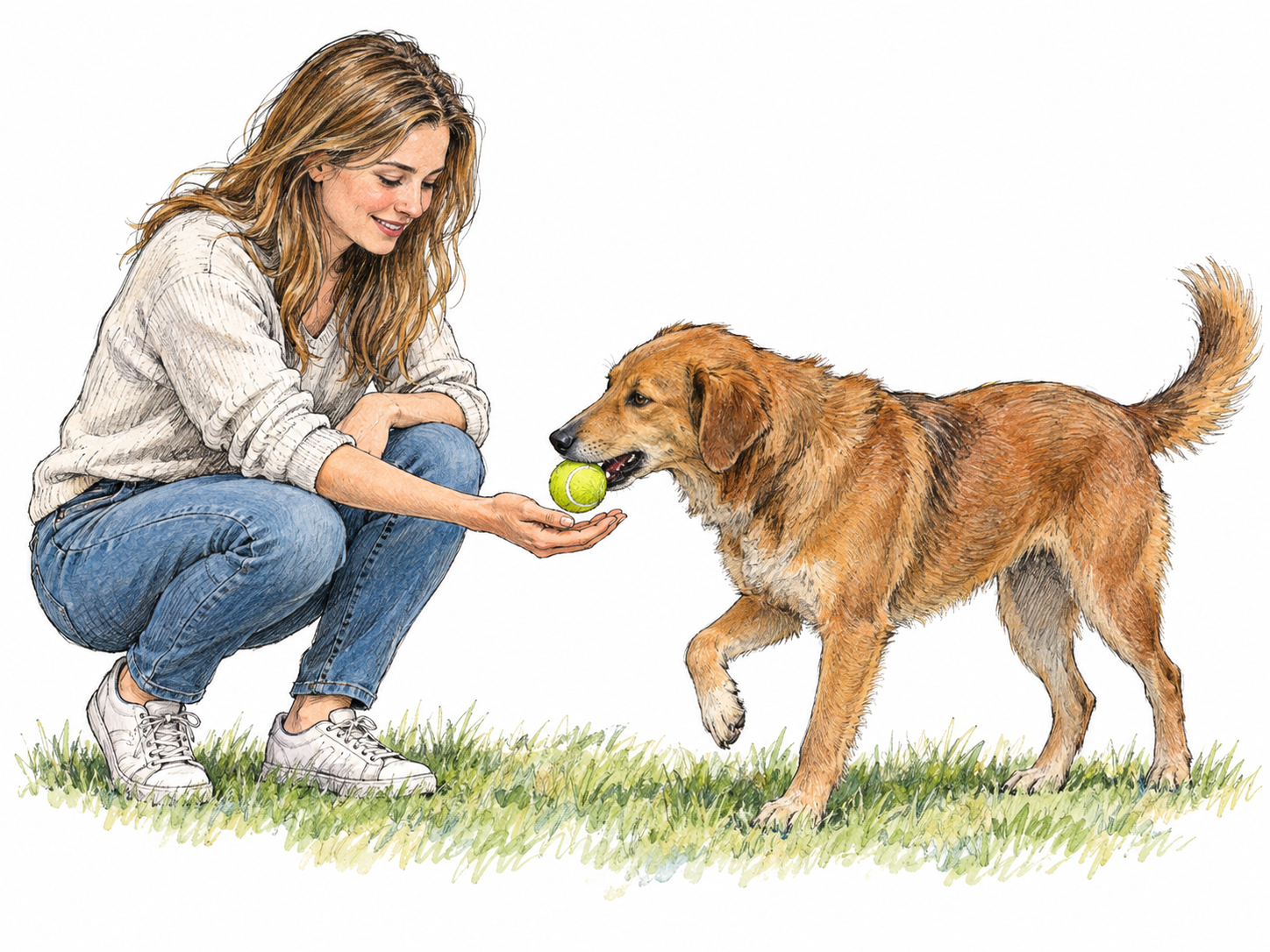 A dog brings a tennis ball back to a waiting woman, placing it directly into her outstretched hand.