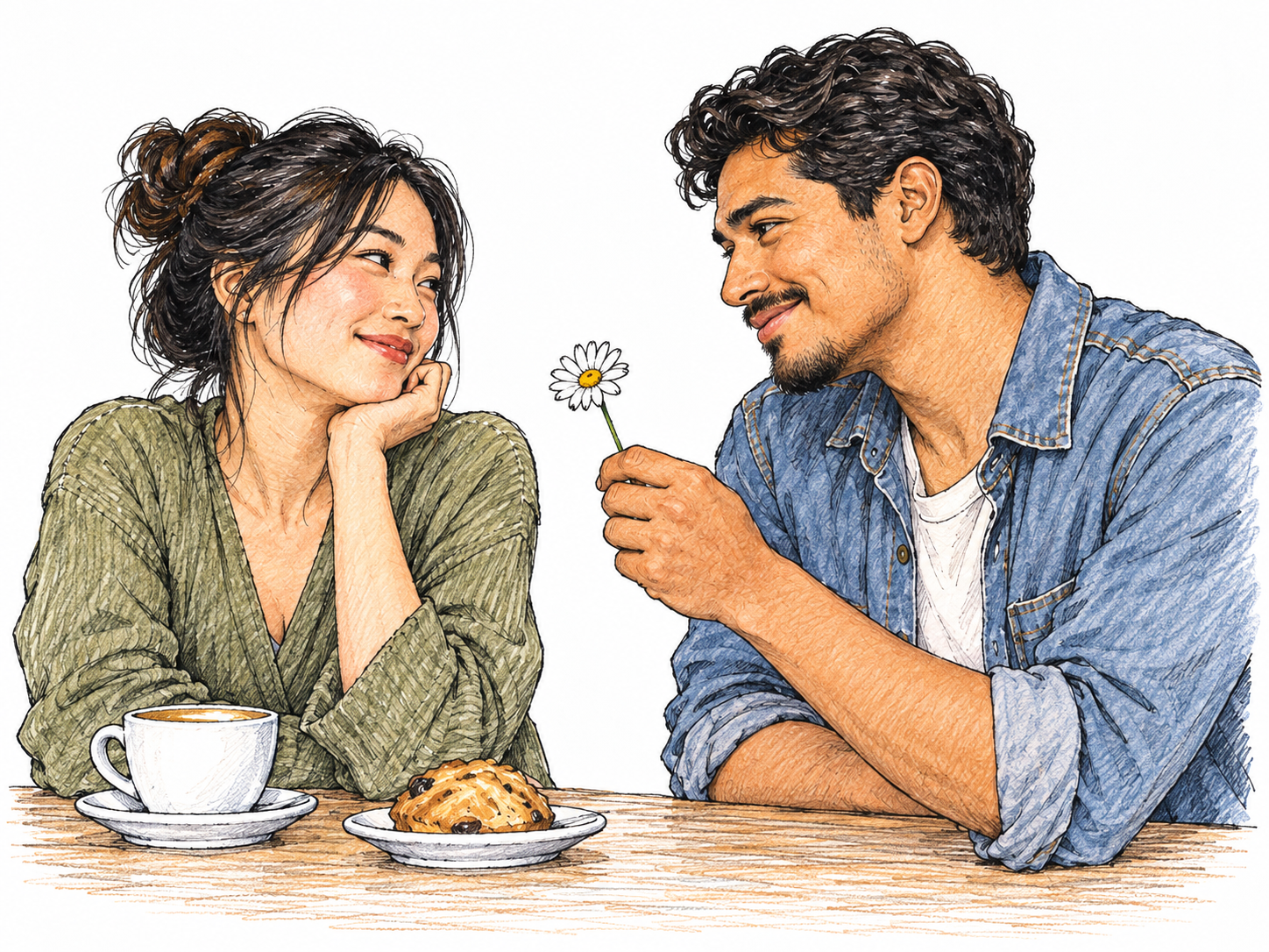At a cafe counter two adults exchange light teasing smiles while one playfully offers a tiny flower; mutual interest and relaxed interaction, no intimate touching.