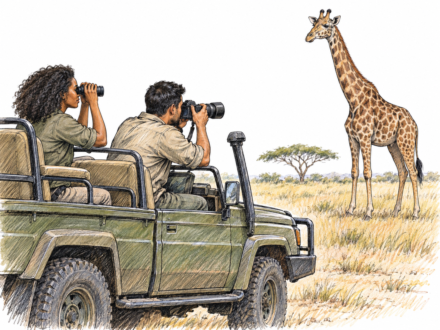 Two travelers in an open safari vehicle observe a wild giraffe on an African savanna, making a wildlife-observation trip visibly distinct from an ordinary drive.