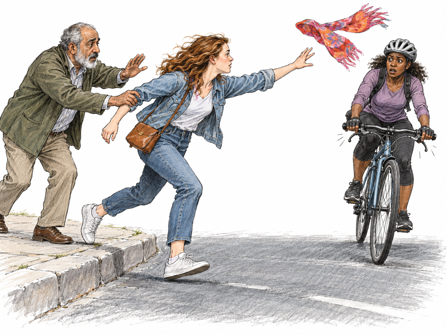 A young woman impulsively darts off a curb after her windblown scarf, directly into the path of an approaching cyclist, while an older companion urgently reaches to stop her.