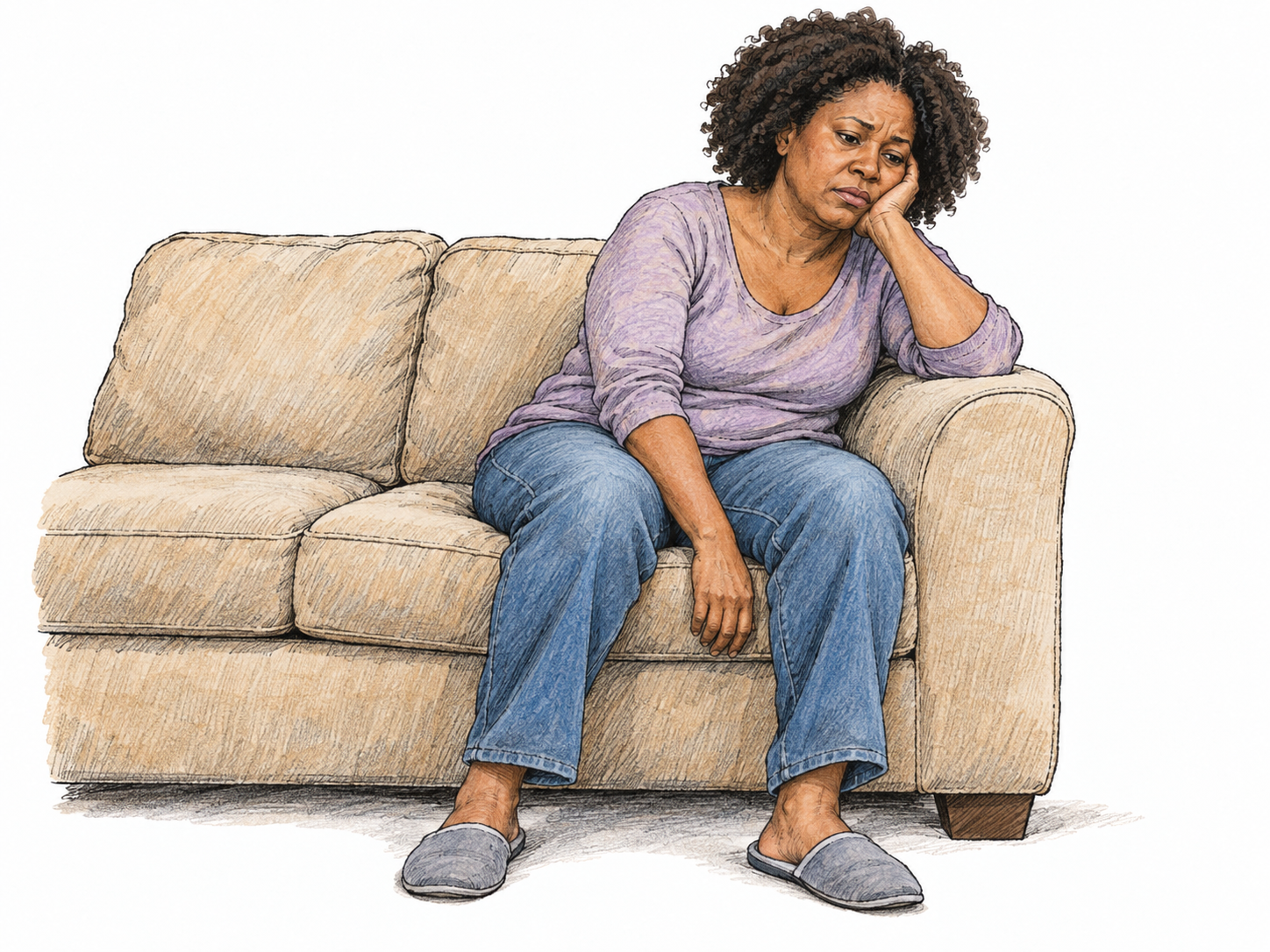 A middle-aged woman sits slumped sideways on a sofa, cheek sagging into her palm, with a downturned mouth and an unfocused downward gaze.