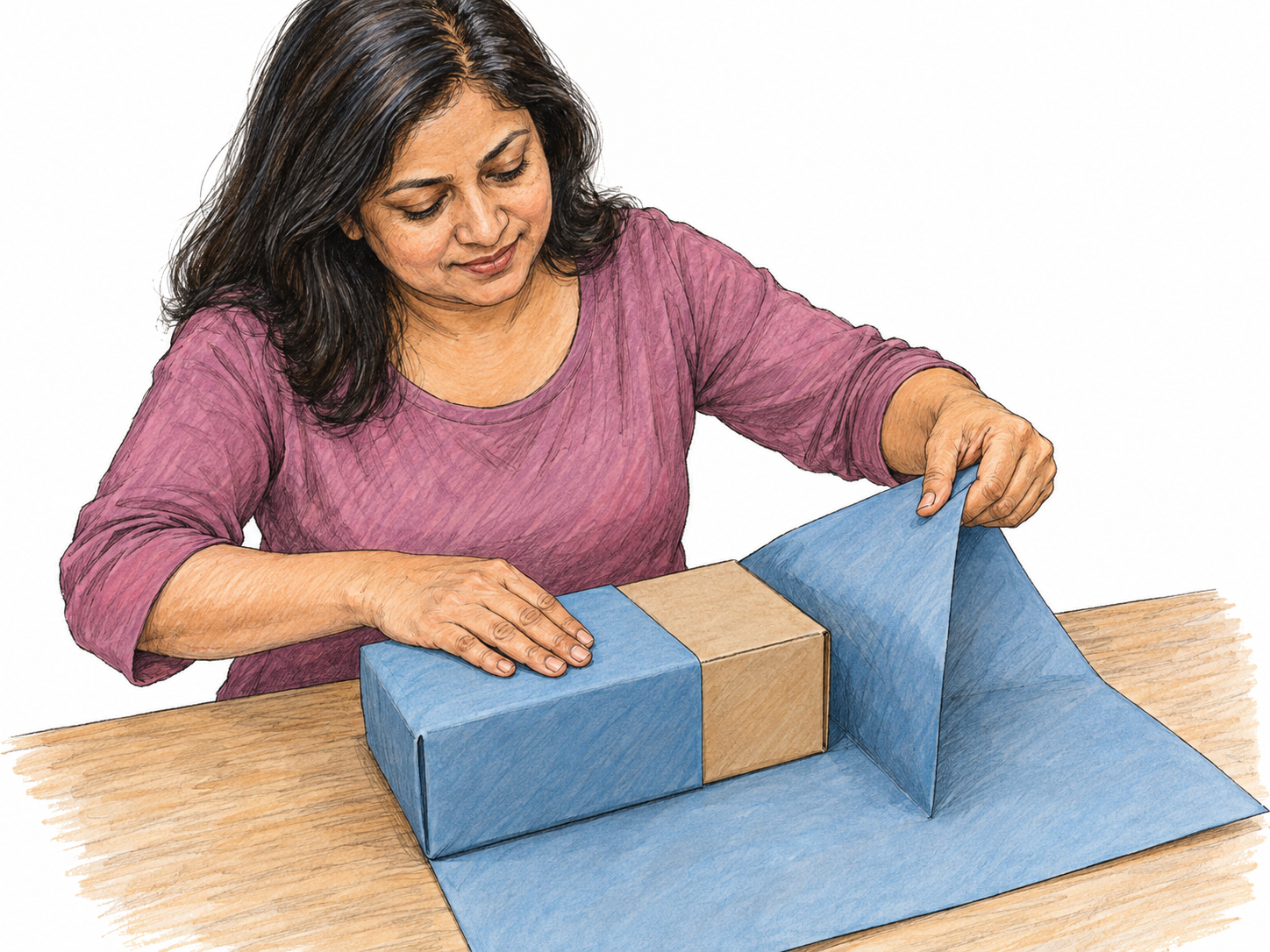 A woman folds a broad sheet of plain wrapping paper around a small rectangular box, with one hand holding an already folded flap and the other bringing the opposite flap over the still-visible box.