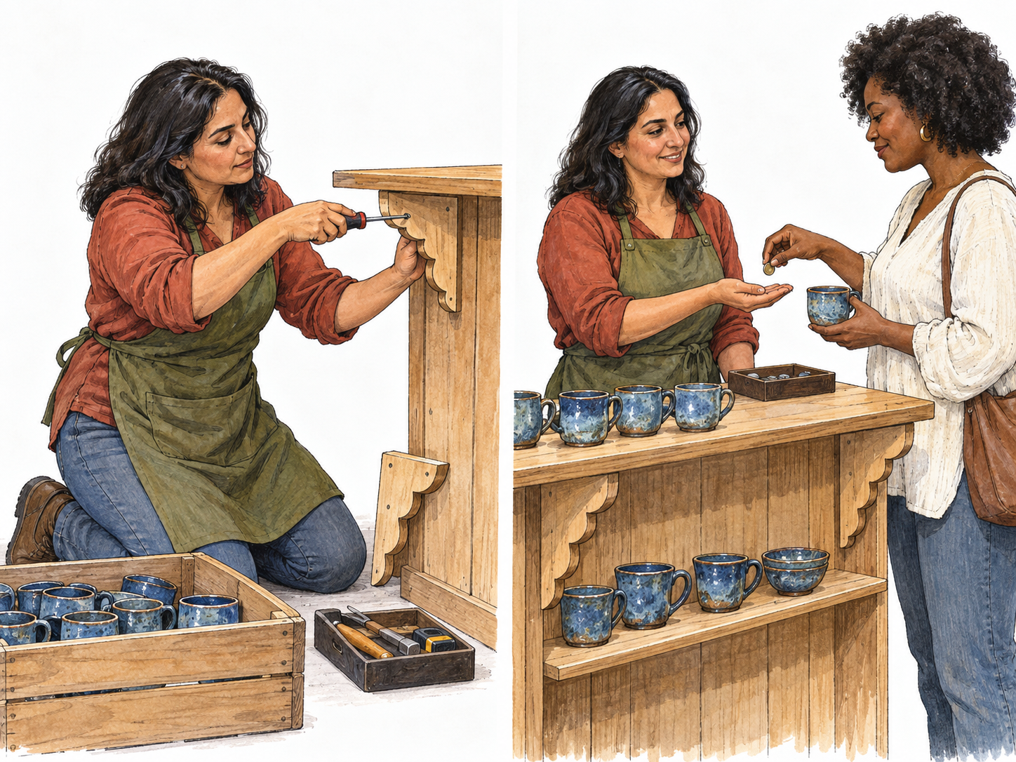 A compact two-stage illustration follows the same woman establishing a small ceramics business and then operating it: she assembles her bare sales stall beside unpacked handmade stock, then serves a paying customer at the completed stall.