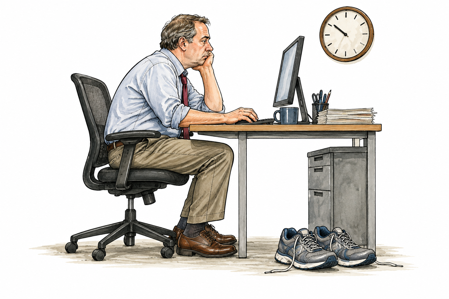 A middle-aged white office worker sits for long hours at desk, clock and unused walking shoes nearby.