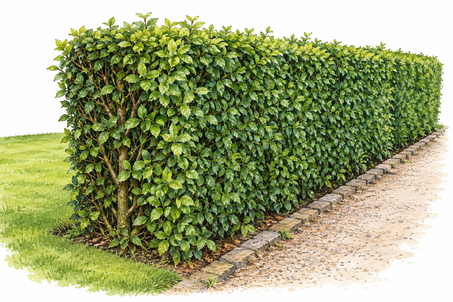 A closely planted row of dense shrubs forms a garden boundary.