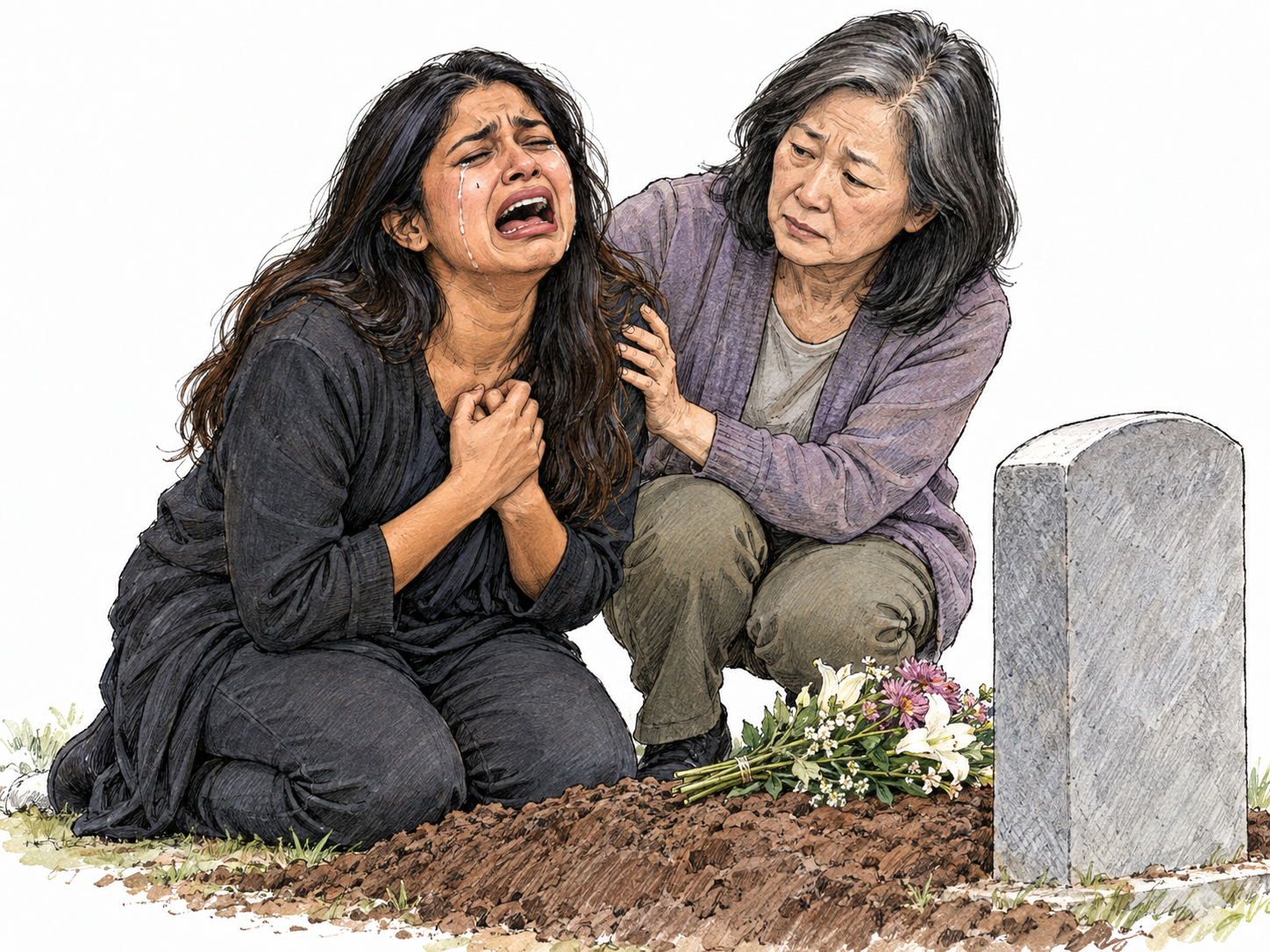 A young woman kneels beside a freshly filled grave, crying with her mouth wide open and tears streaming, while an older woman steadies her shoulder.
