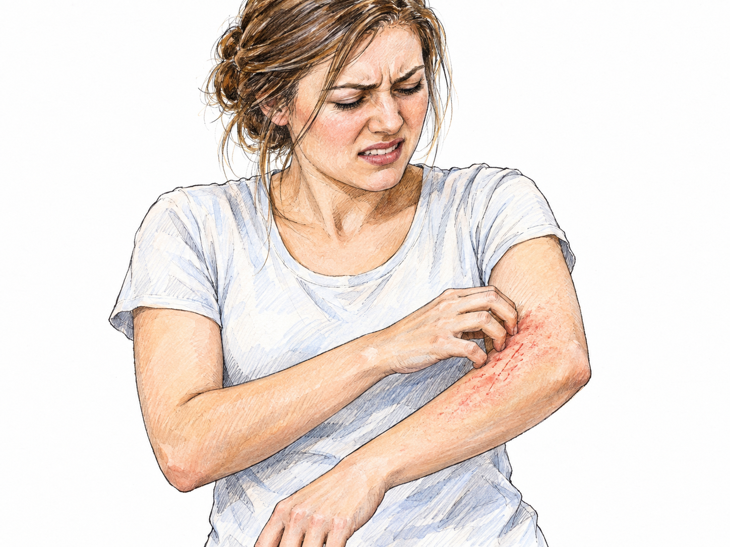 A young adult woman scratches an already irritated patch on her forearm, making the existing skin irritation worse.