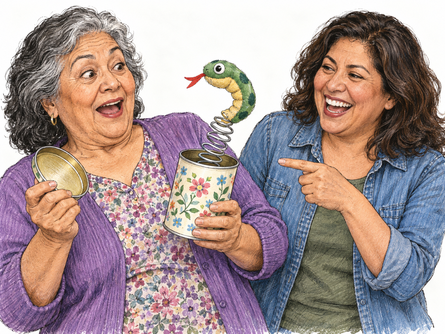 A spring-loaded toy snake bursts from an opened novelty tin, startling its opener while the prankster laughs beside her.