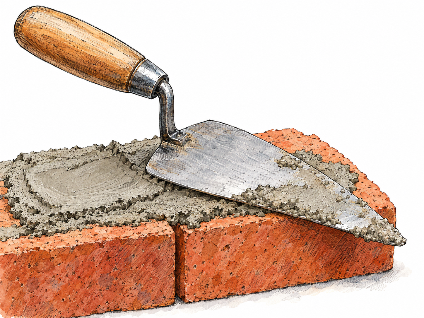 A clearly recognizable masonry trowel with a small wooden handle, bent metal shank, and broad triangular steel blade resting on a fresh mortar bed atop two bricks.