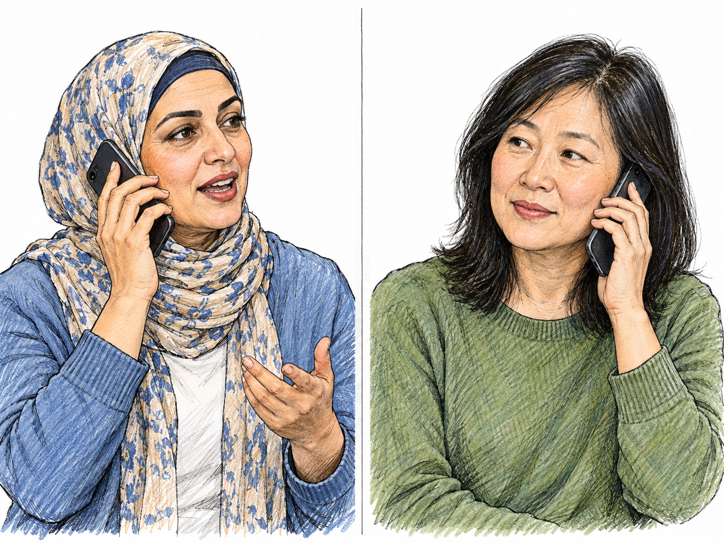 Two women shown in separate, simply divided spaces speak to each other by phone, each holding a smartphone to her ear.