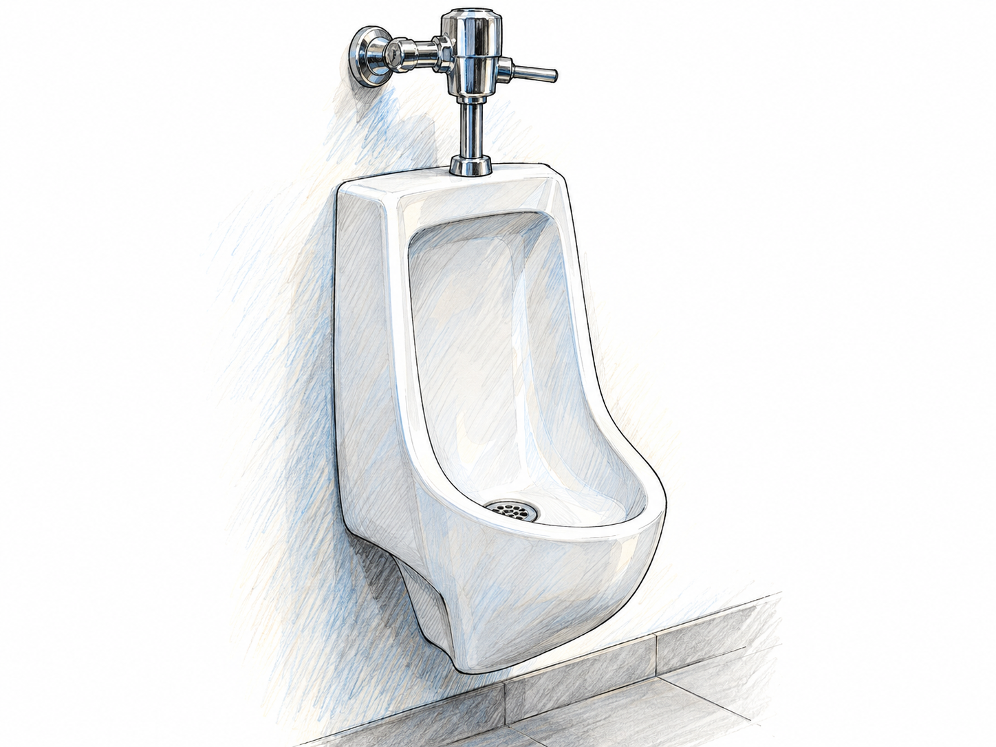 A single recognizable wall-mounted porcelain urinal, shown in three-quarter view with its open vertical basin, drain and flush valve clearly visible.