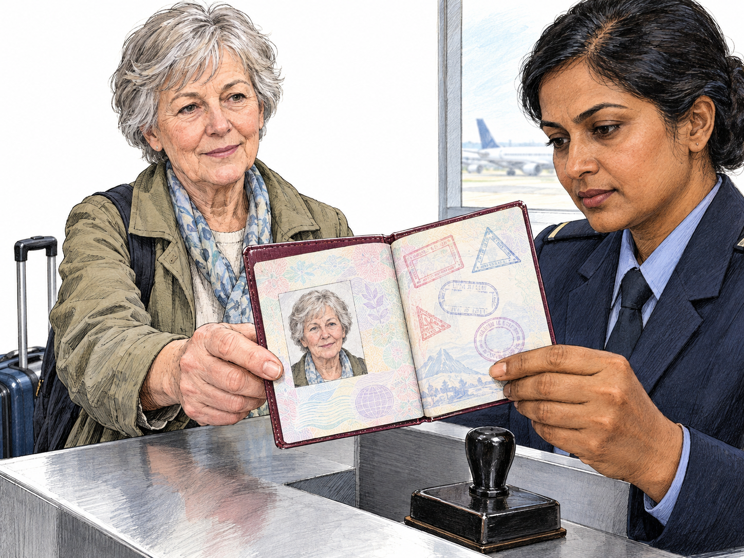 At a border-control counter, a traveler presents an open passport whose portrait matches her face.