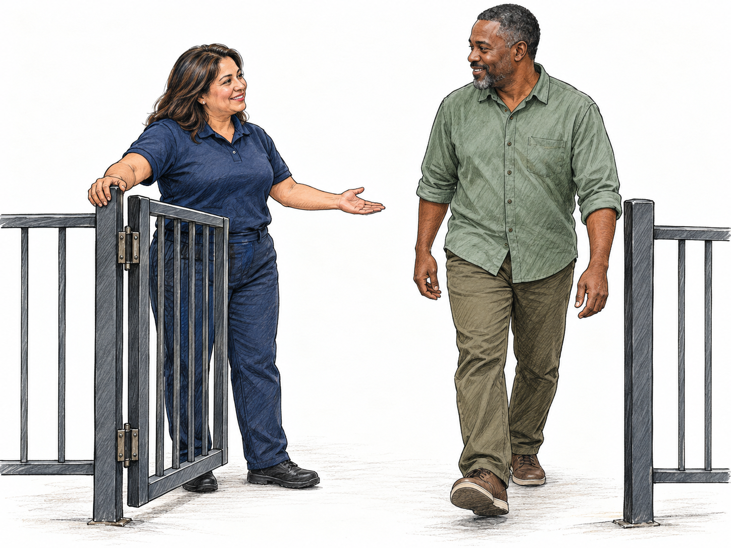 An entrance attendant deliberately holds open a waist-high gate and gestures a waiting visitor through, visibly permitting him to enter.