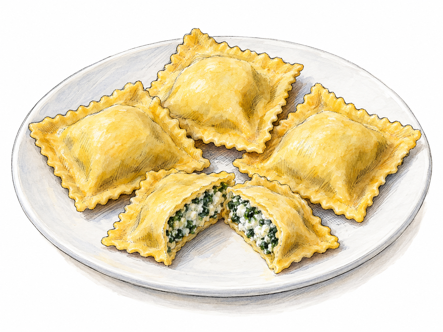 A simple plate of square ravioli with sealed, crimped edges; one pocket is cut open and its halves slightly separated to clearly reveal cheese-and-spinach filling enclosed between thin pasta layers.