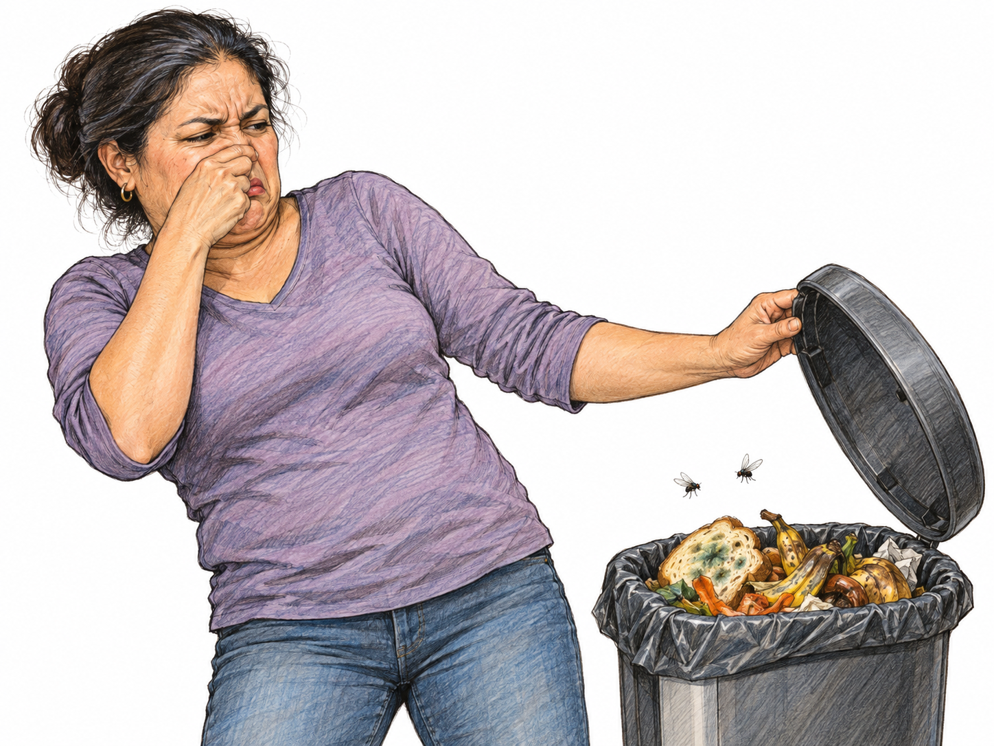 A woman recoils from an open kitchen rubbish bin containing spoiled food, tightly pinching her nose while holding the lid away from her body.